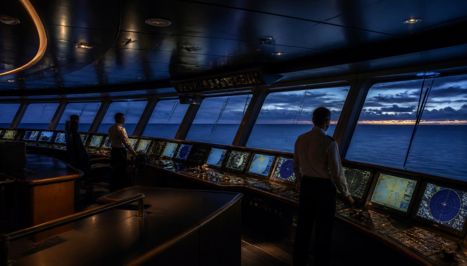 Officers on watch on a modern cruise ship bridge at dusk
